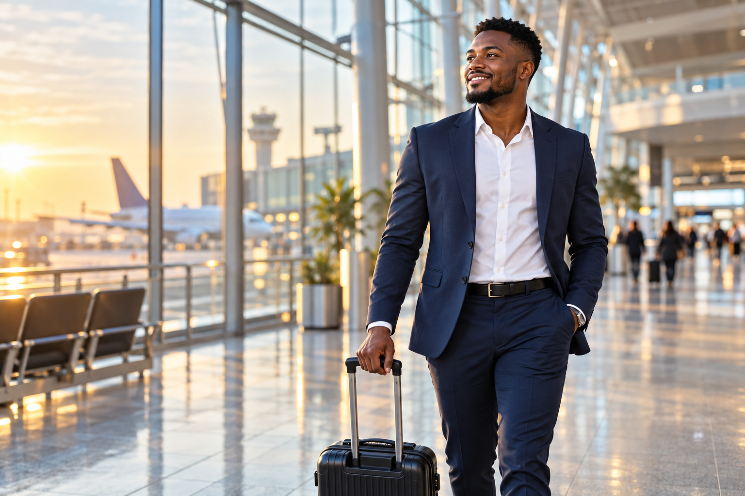 African professional with luggage in an airport